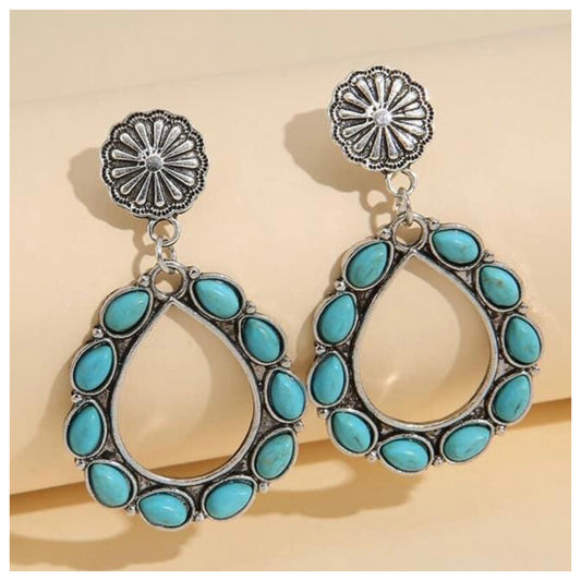 Western Silver & Turquoise Stone Open Disc Earrings