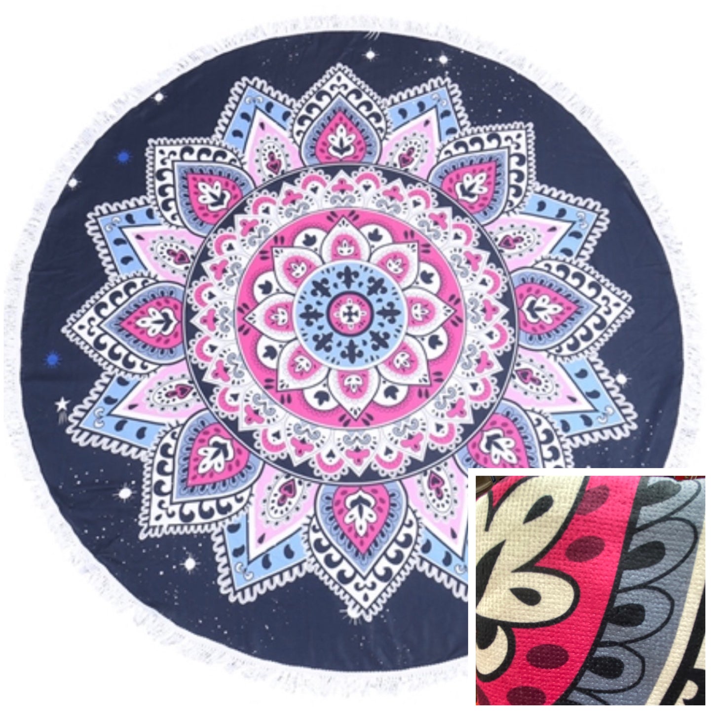 “Fun in the Sun" Fringe Trim Navy Pink Mandela Round Beach Towel