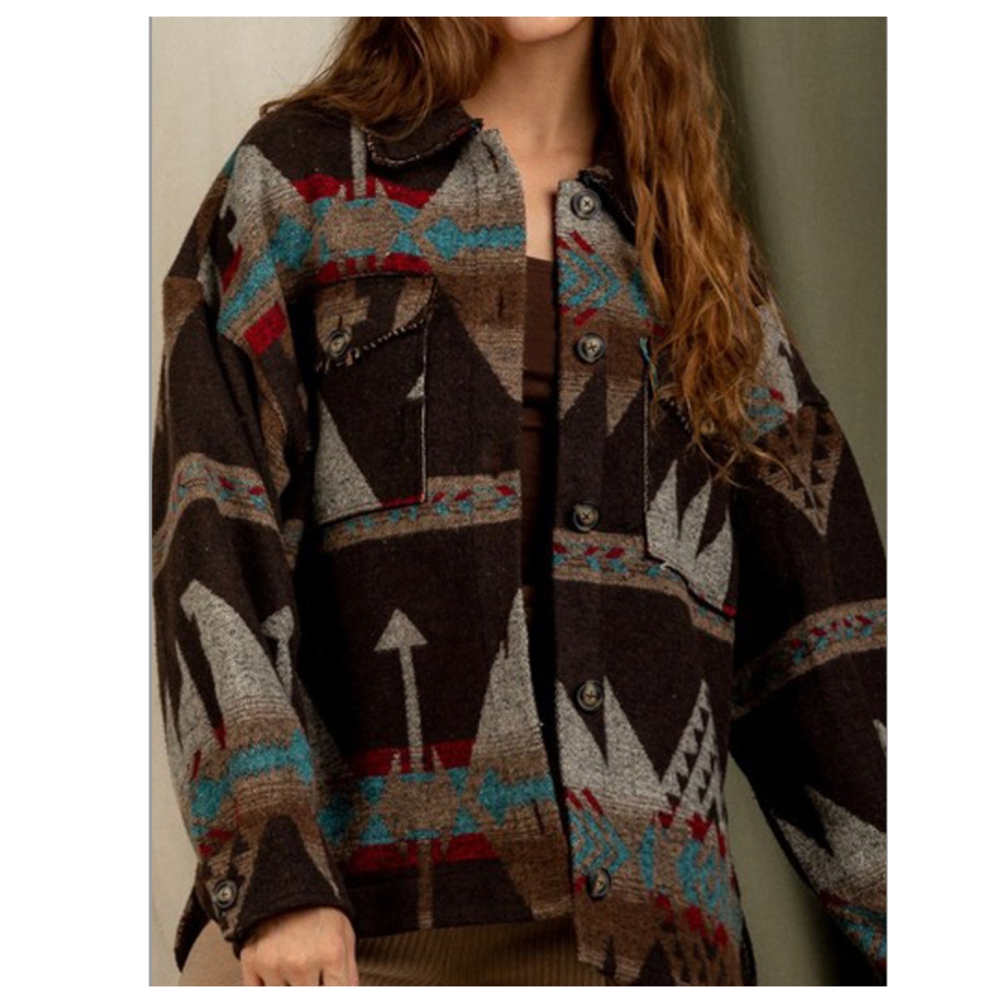 Hello Beautiful! Ashlyn’s Brown Turquoise Mix Aztec Jacket- Women’s Tribal Jacket