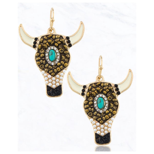 Beaded Long Horn with Turquoise Accent Earrings
