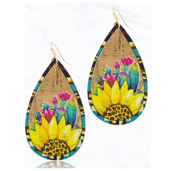 Beautiful Sunflower Painting Cork Earrings