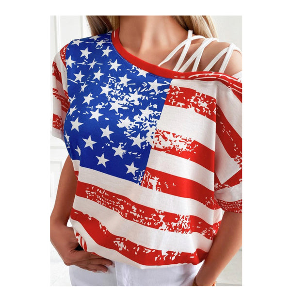 Closeout-Adorable Amanda Cross Strap Cold Shoulder American Flag Top