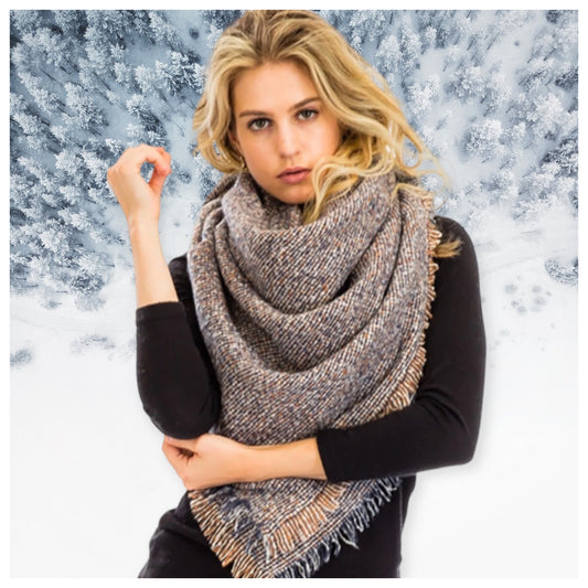 Always in Style Beige Pepper Knit Multi Tone Frayed Edge Blanket Scarf-Shawl-Wrap