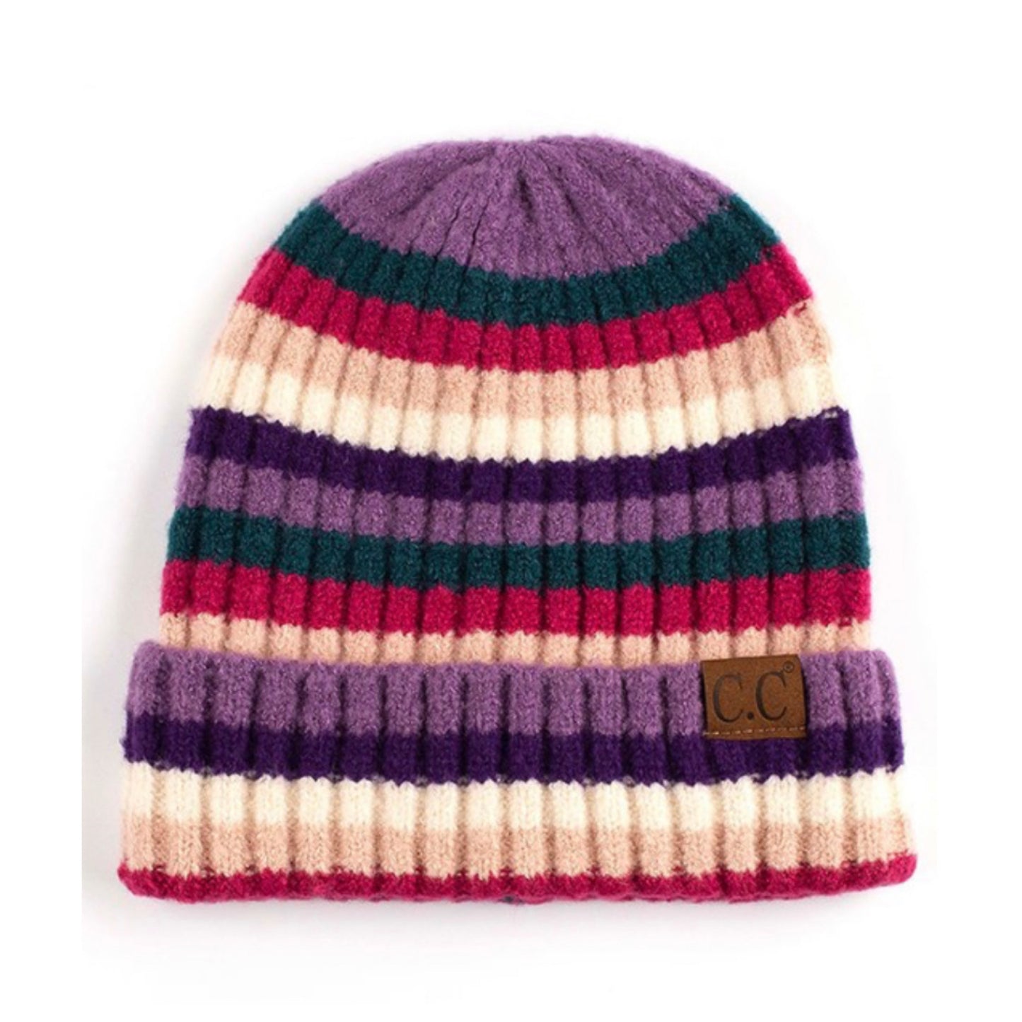 Cozy Multi Striped Ribbed Knit CC Beanie