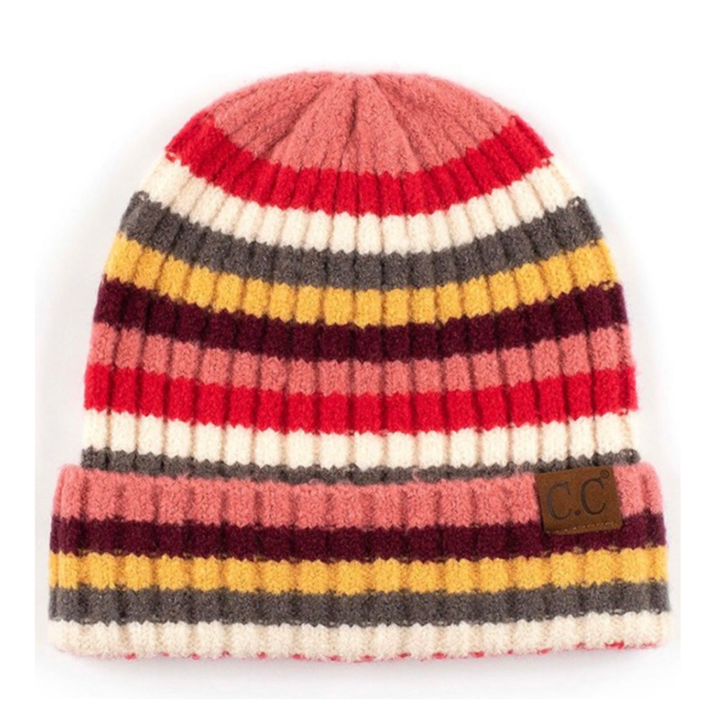 Cozy Multi Striped Ribbed Knit CC Beanie