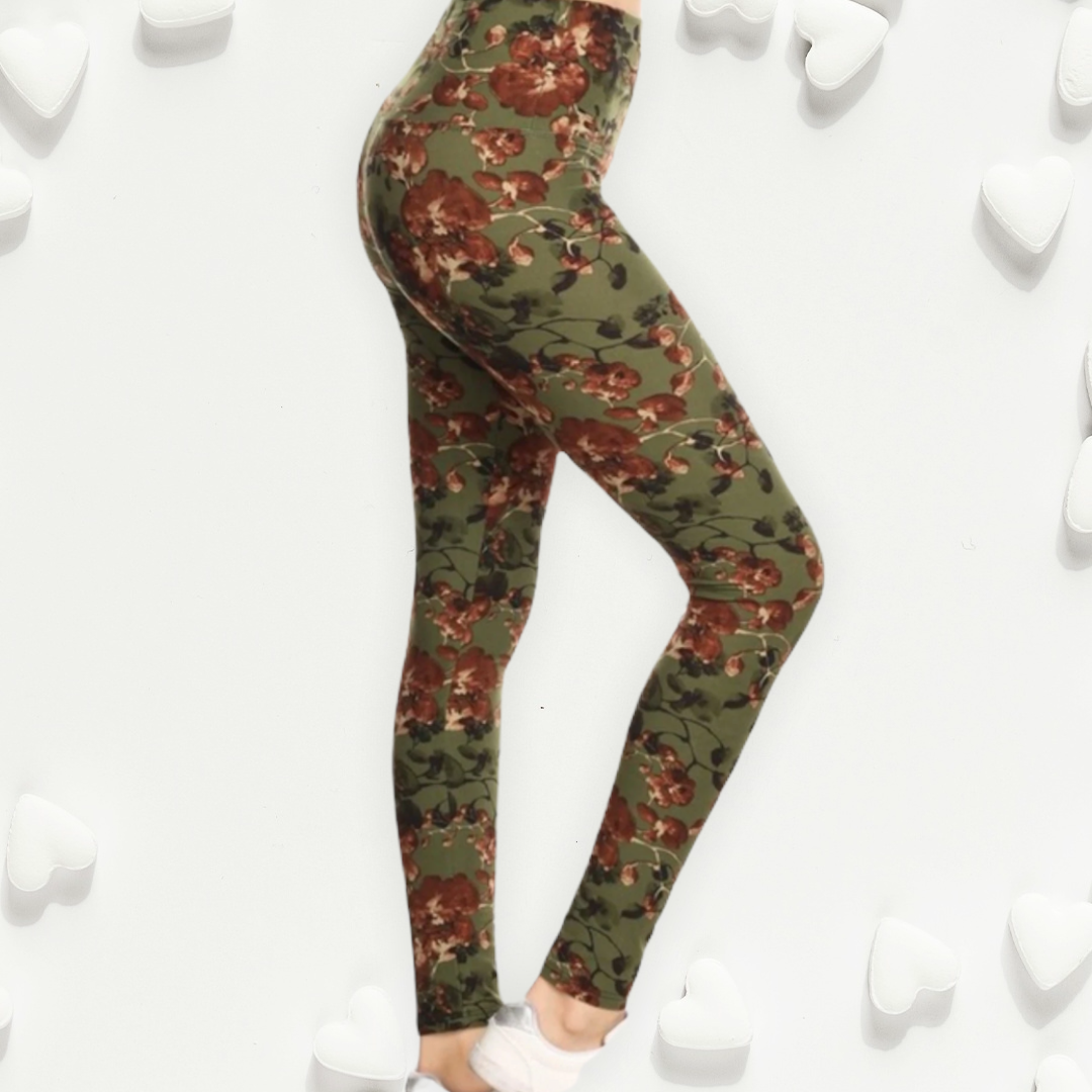 “A Touch of Heaven"  Olive Floral Print Leggings