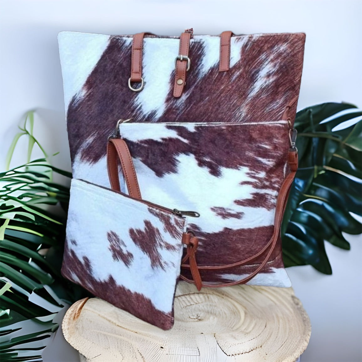 Round Em’ Up-Jennifer Tan Cowhide Print Tote-Cross Body Bag and Clutch 3pc Set