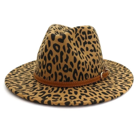 Classy Wide Brim Leopard Accent Camel Fedora