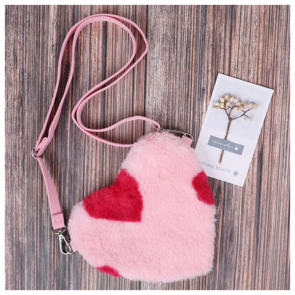 Adorable Pink Plush Heart Crossbody Bag