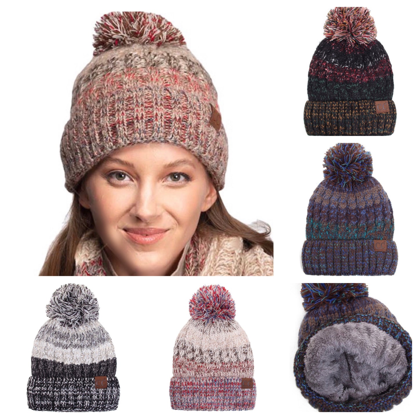 Faux Fur Lined Pepper Knit Pom CC Beanie
