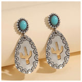 Vintage Cactus Cutout Silver Turquoise Earrings
