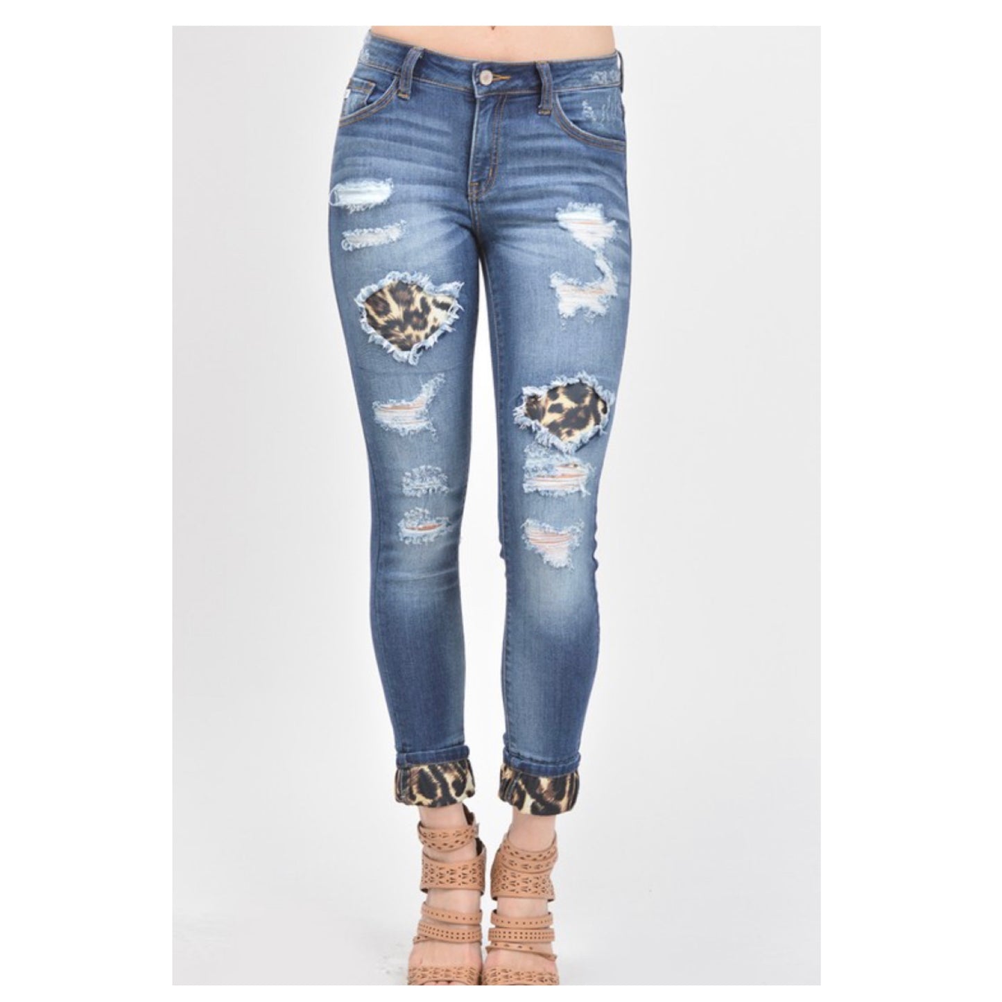 Mid Rise Destroyed Leopard Patch Denim KANCAN Jeans