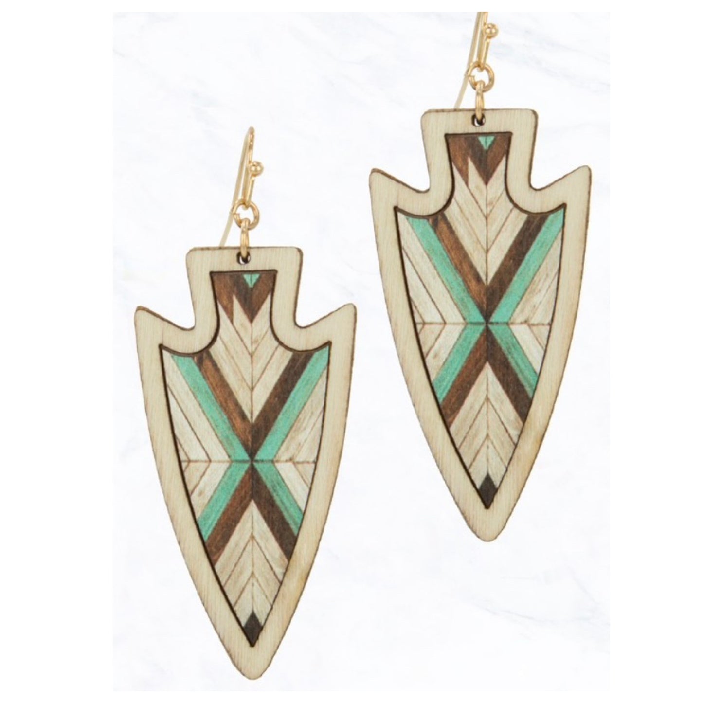 Geometric Aztec Painting Wood Arrow Shape Earrings