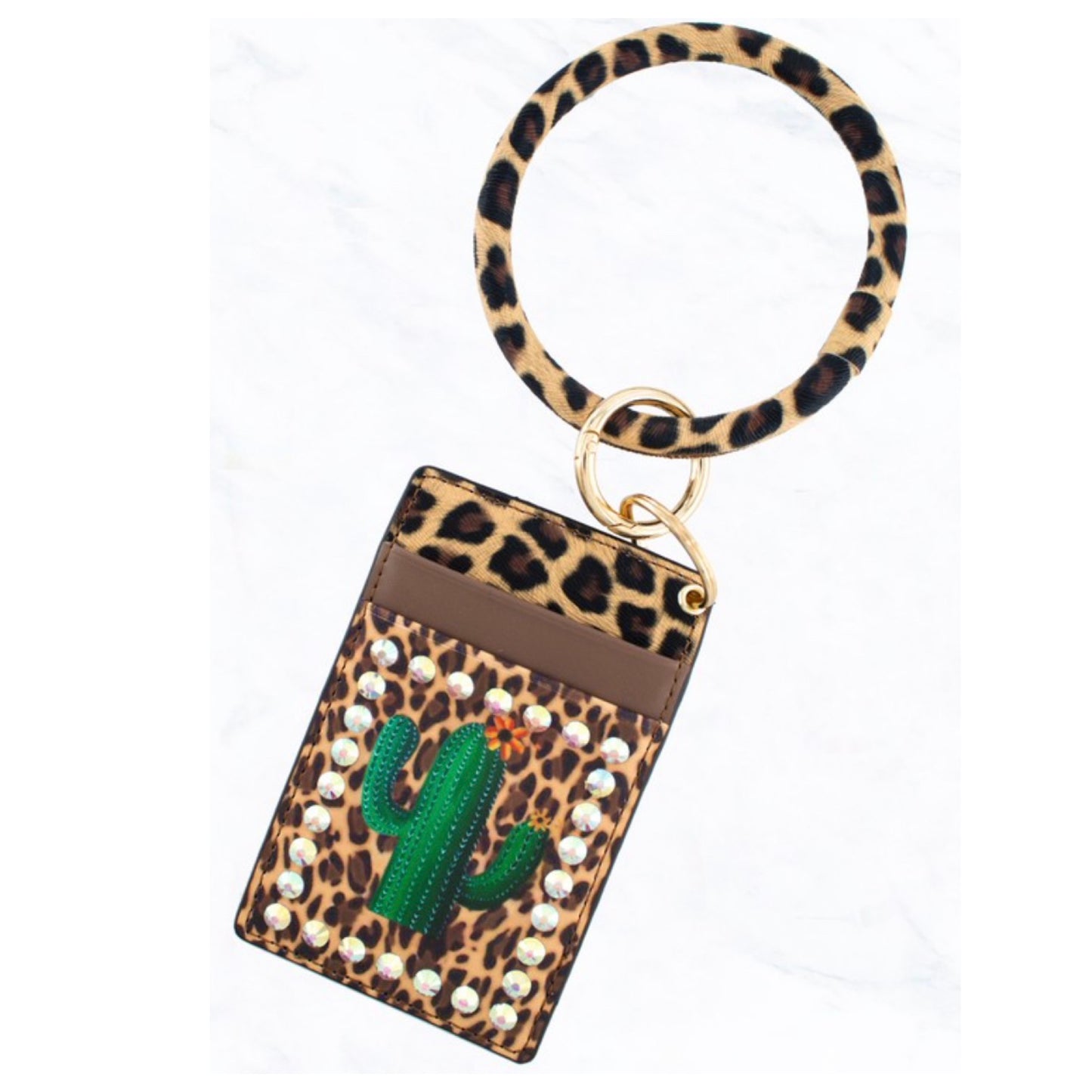 Rhinestone and Cactus Animal Print ID Card Key Chain Bracele-Wallet