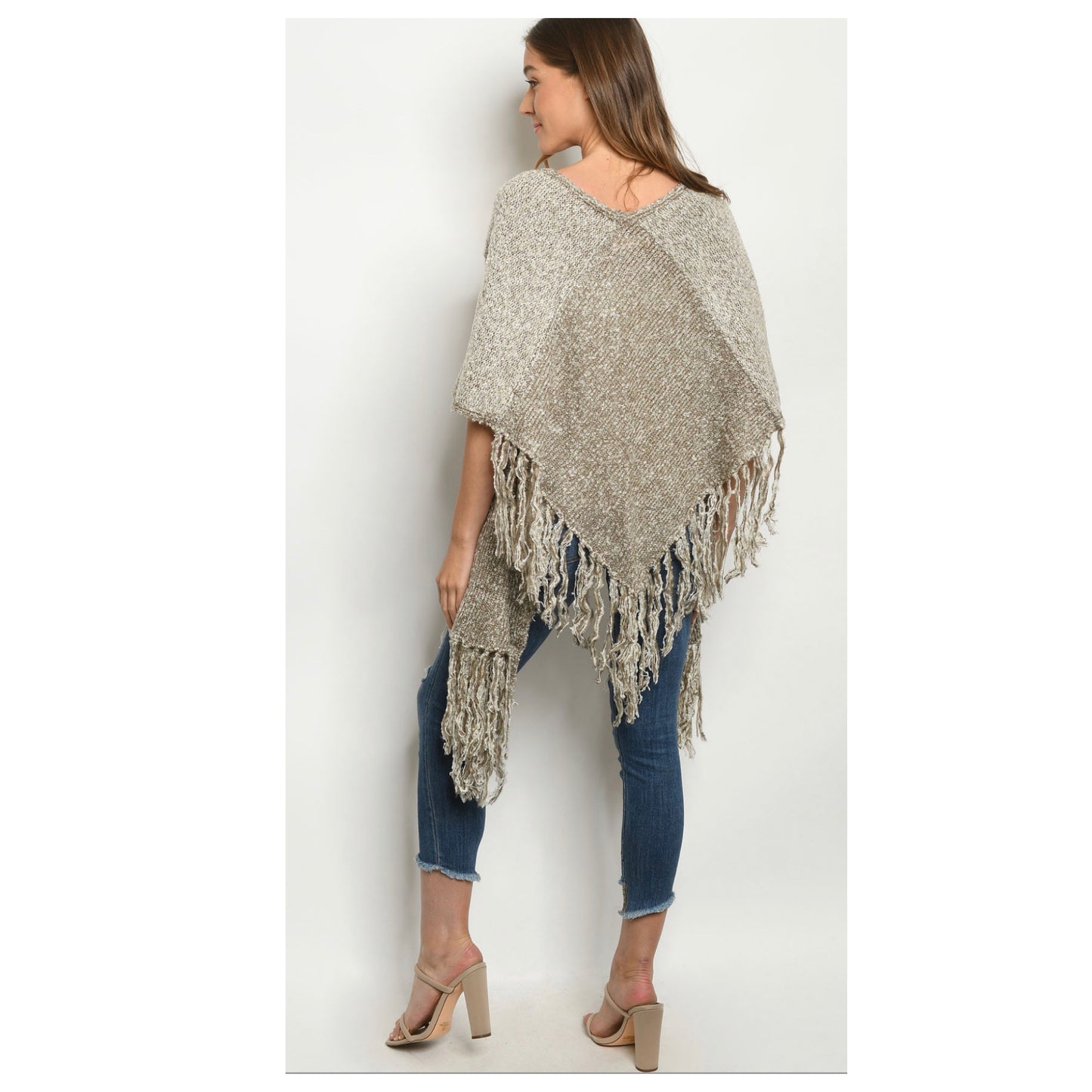 Classy Pepper Knit 2-Tone Taupe Fringe Trim Poncho-Shawl-Kimono-Womens