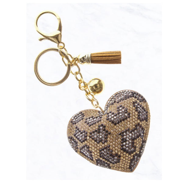 Glittering Leopard Puffy Heart Keychain, Purse Charm
