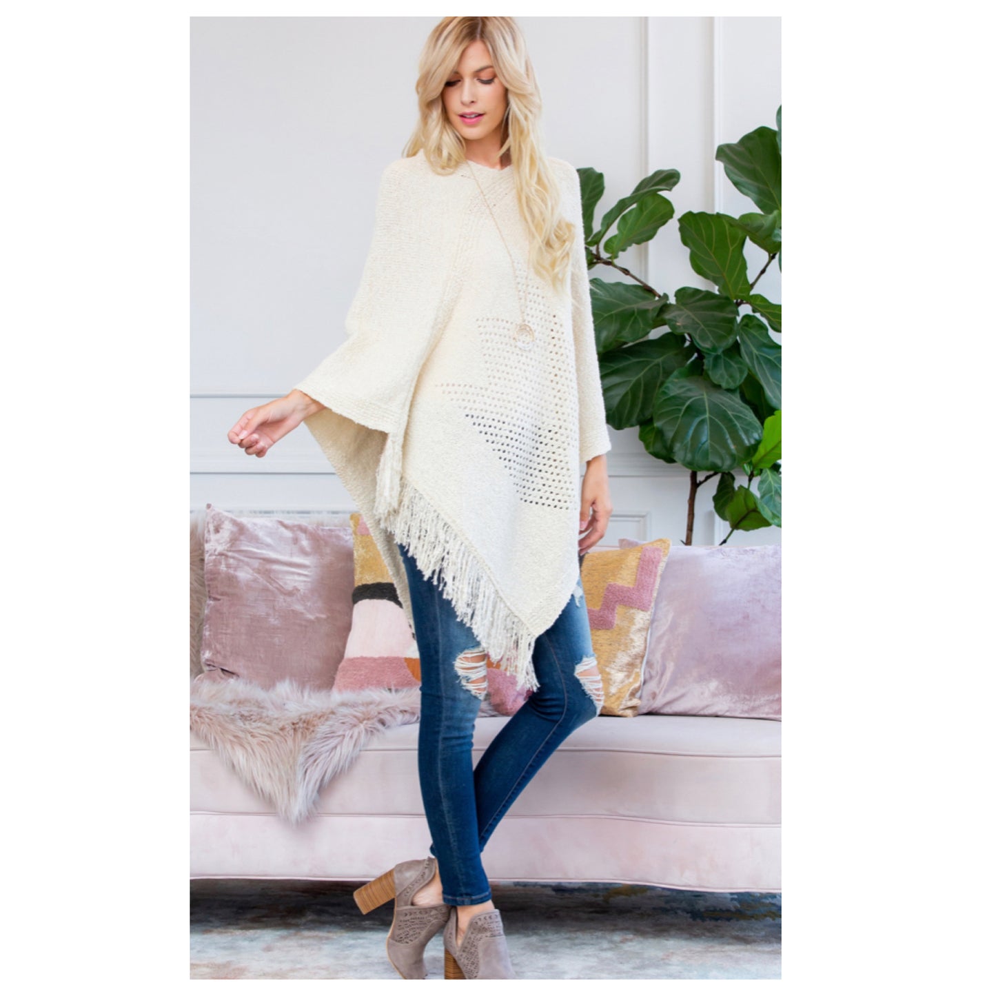 Classy and Sassy Fringe Trim Cream Knit Poncho-Shawl-Winter Outerwear