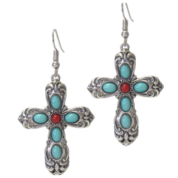 Sale! Antique Silver Turquoise Cross Earrings