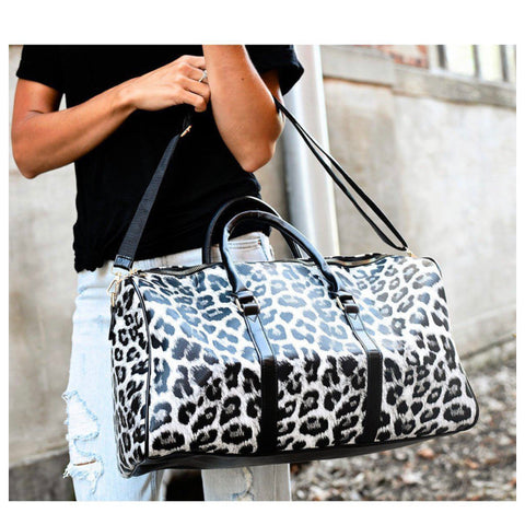 Grey Leopard Leather Weekender Bag