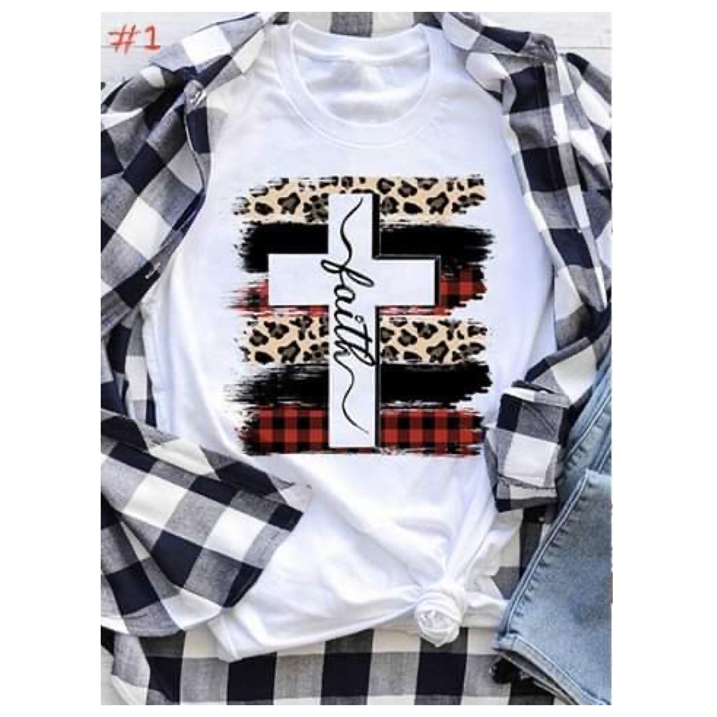 Special! Adorable Leopard, Buffalo Plaid FAITH Cross Ivory Top