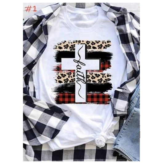 Special! Adorable Leopard, Buffalo Plaid FAITH Cross Ivory Top