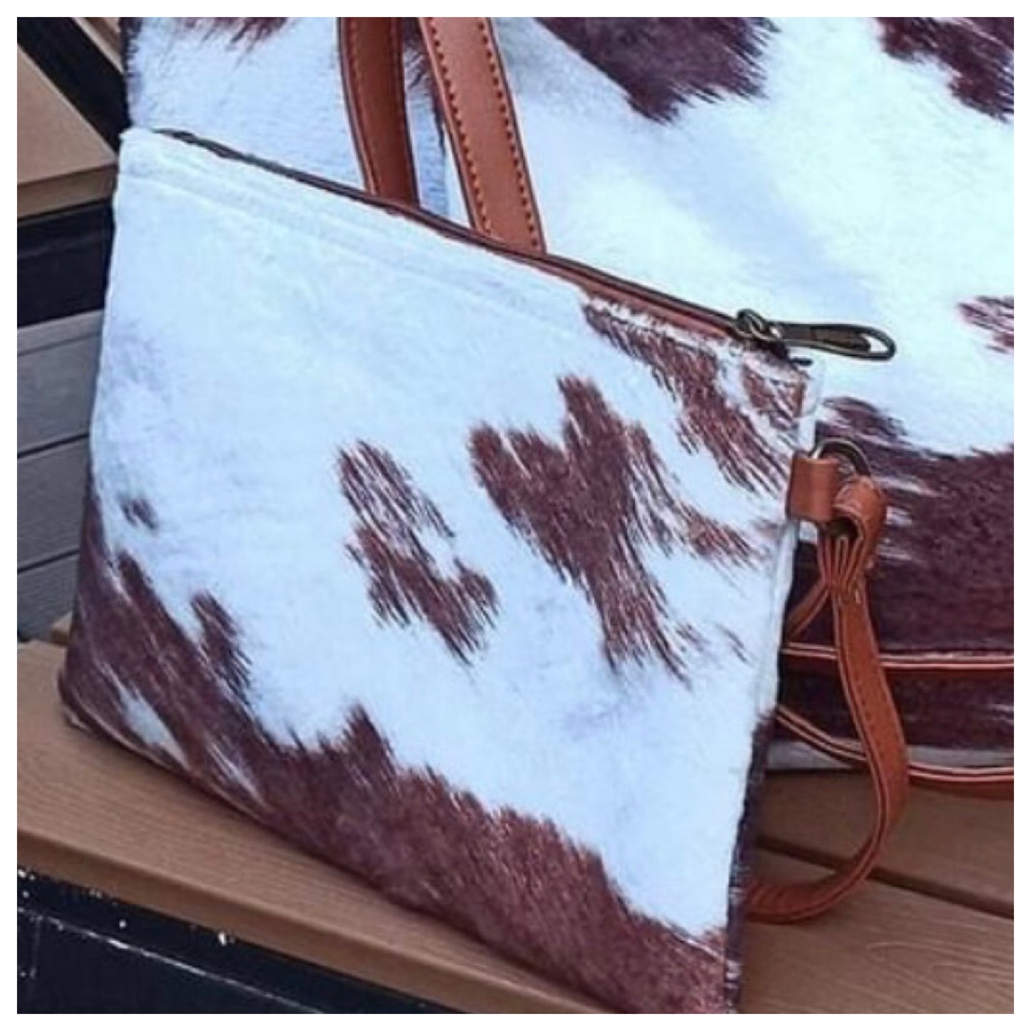 Round Em’ Up-Jennifer Tan Cowhide Print Tote-Cross Body Bag and Clutch 3pc Set