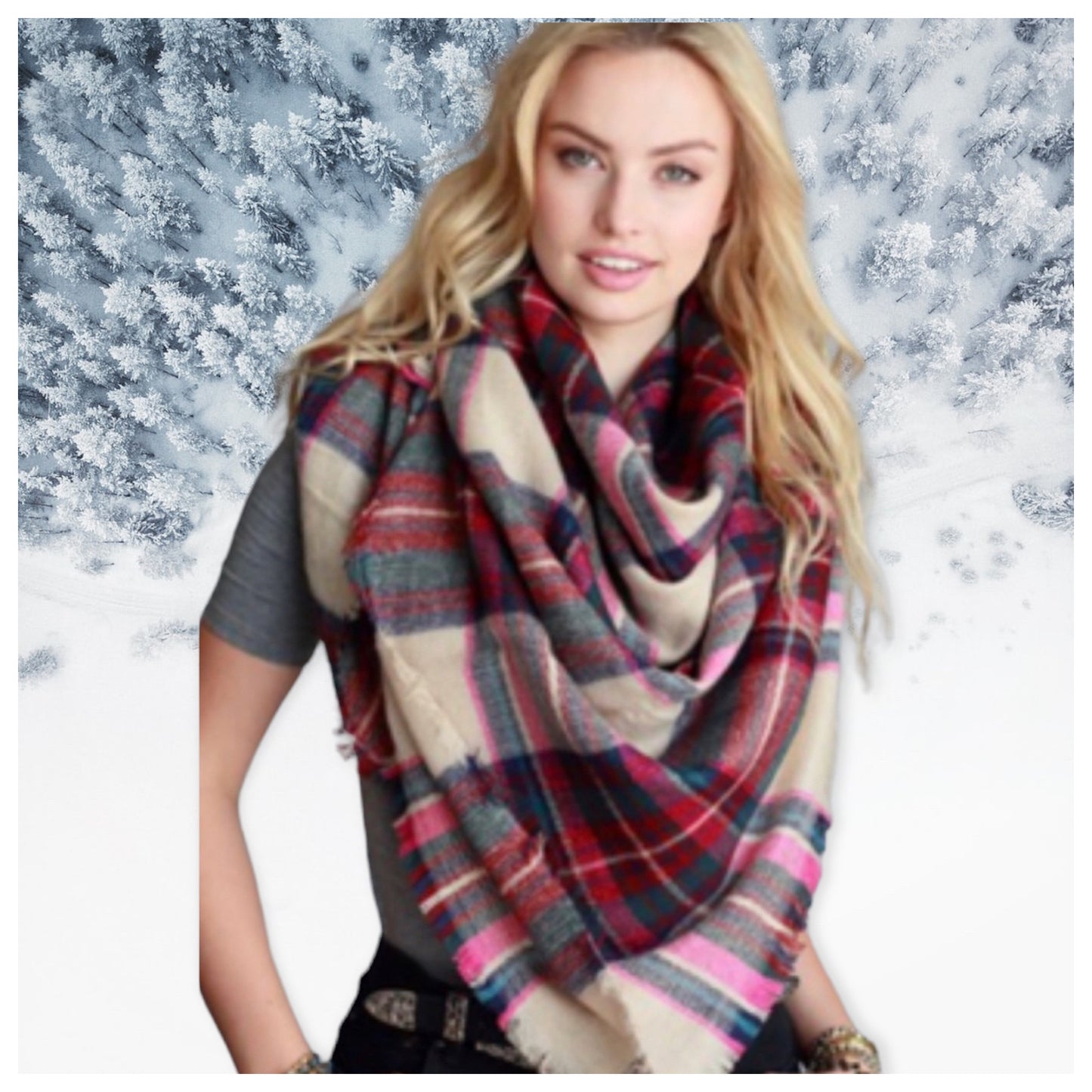 Always in Style Fuchsia Beige Multi Tone Plaid Blanket Scarf-Shawl-Wrap