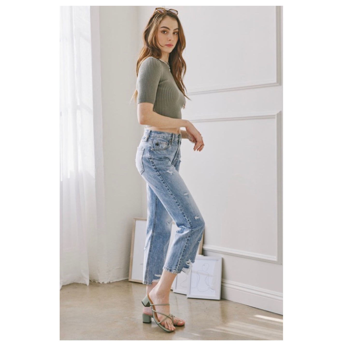 Classic High Rise Destroyed Medium Blue Denim KANCAN Capris