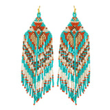 Ashlyn’s Turquoise Brown Mix Aztec Fringe Drop Seed Bead Earrings-Western-Navajo