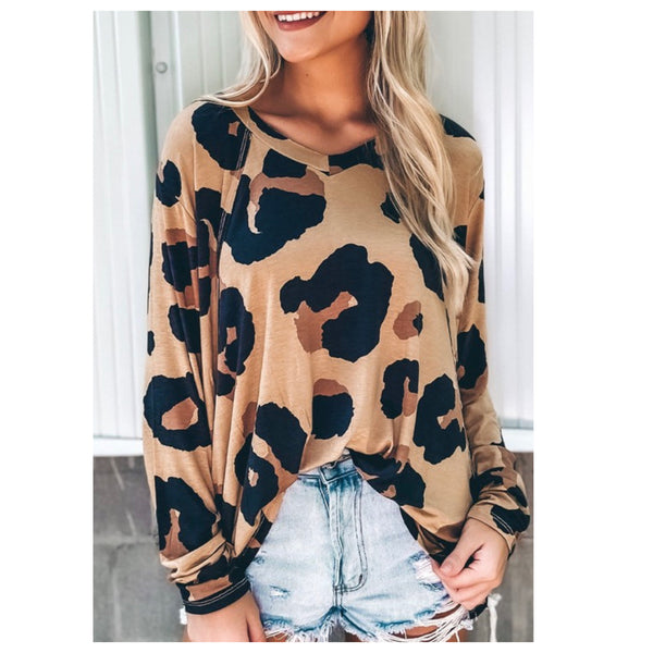 Extra Special! Ashlyn’s  V Neck Leopard Print Long Sleeve Tan Tunic Top-Women’s