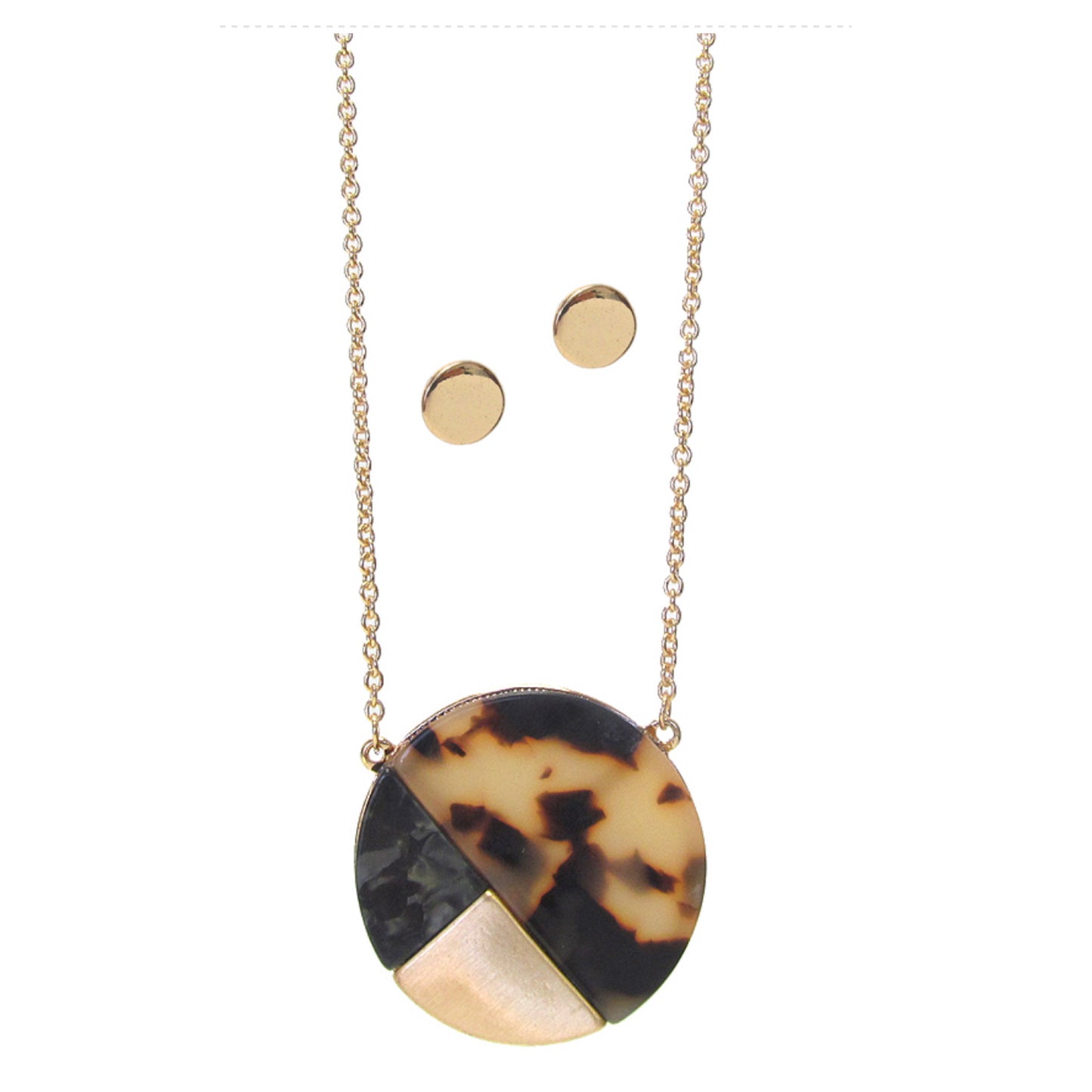 Organic Tortoise Shell Color Block Long Disc Pendant Necklace Set