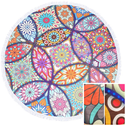 “Fun in the Sun" Fringe Trim Boho Geo Print Round Beach Towel