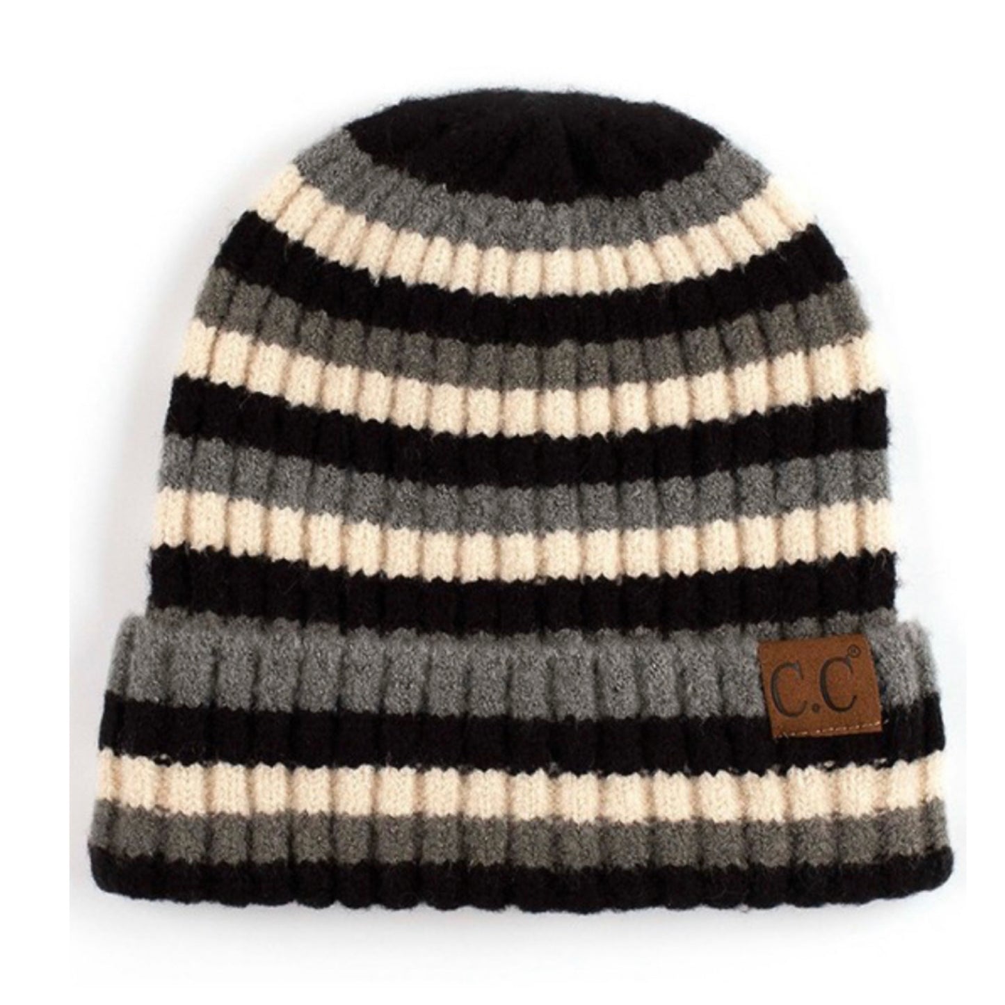 Cozy Multi Striped Ribbed Knit CC Beanie