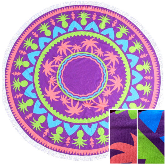 “Fun in the Sun" Fringe Trim Tropical Pineapple Round Beach Towel
