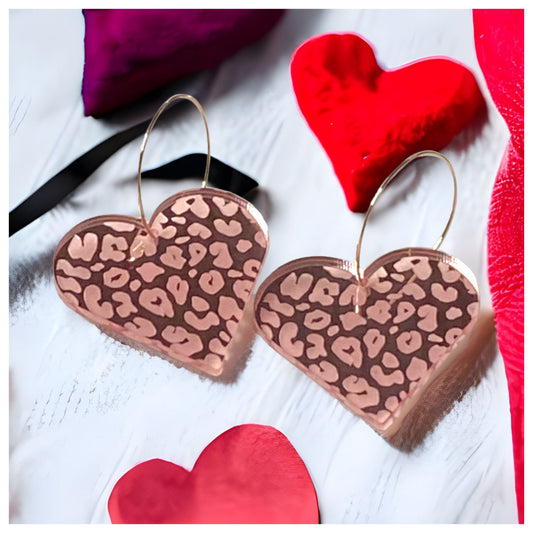 Ashlyn’s Beautiful Mirrored Pink Heart with Leopard Print Earrings