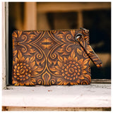 Special~Oh Yes a Must! Tan Sunflower Leather Clutch-Bag