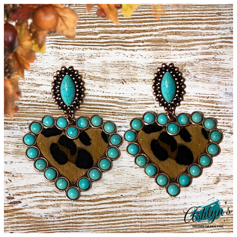 Darling Faux Fur Leopard Heart with Turquoise Crackle Stone Dangle Earrings-Jewelry-Accessories