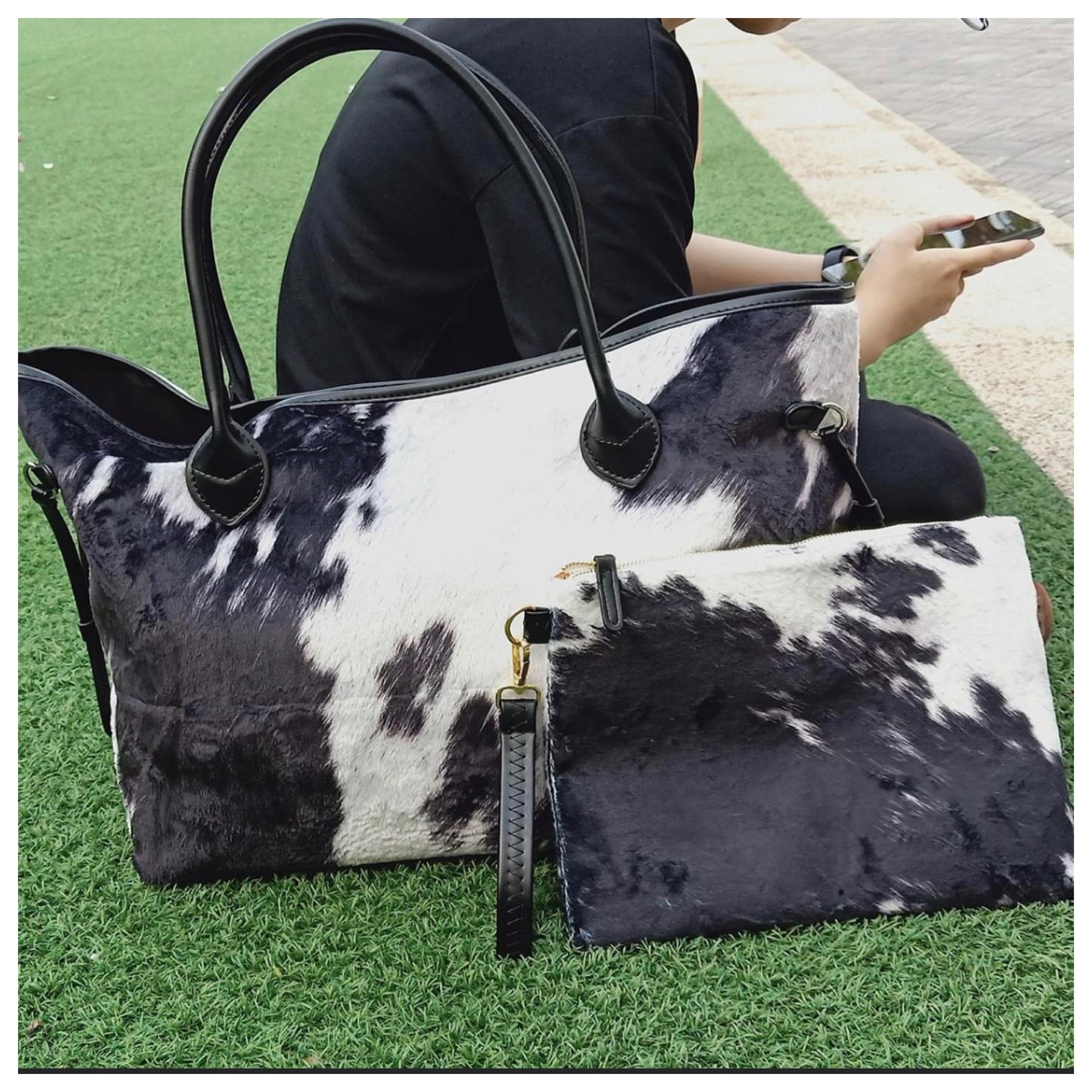 Round Em’ Up, Jennifer Cowhide Print Tote, Clutch Bag Set