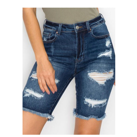 Crazy Cozy Dark Blue Denim Destroyed Bermuda Shorts