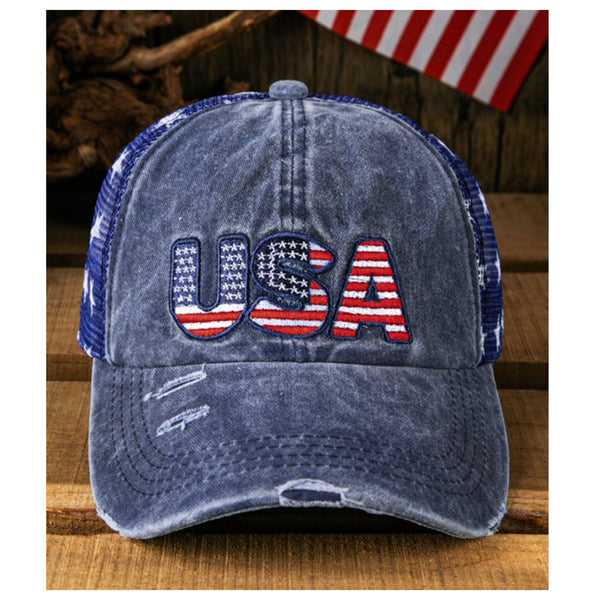 American Pride-Distressed USA Star Print Adjustable Back Hat