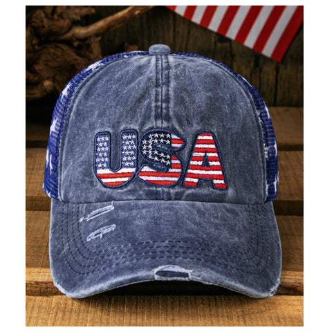 American Pride-Distressed USA Star Print Adjustable Back Hat