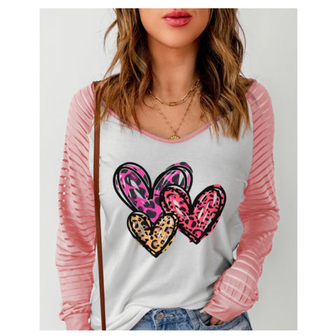 Darling V Neck Triple Leopard Hearts Pink Sleeves Graphic White Top