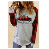 Holiday Cutie! Red Plaid Truck with Merry Christmas Verbiage Women’s Raglan Top