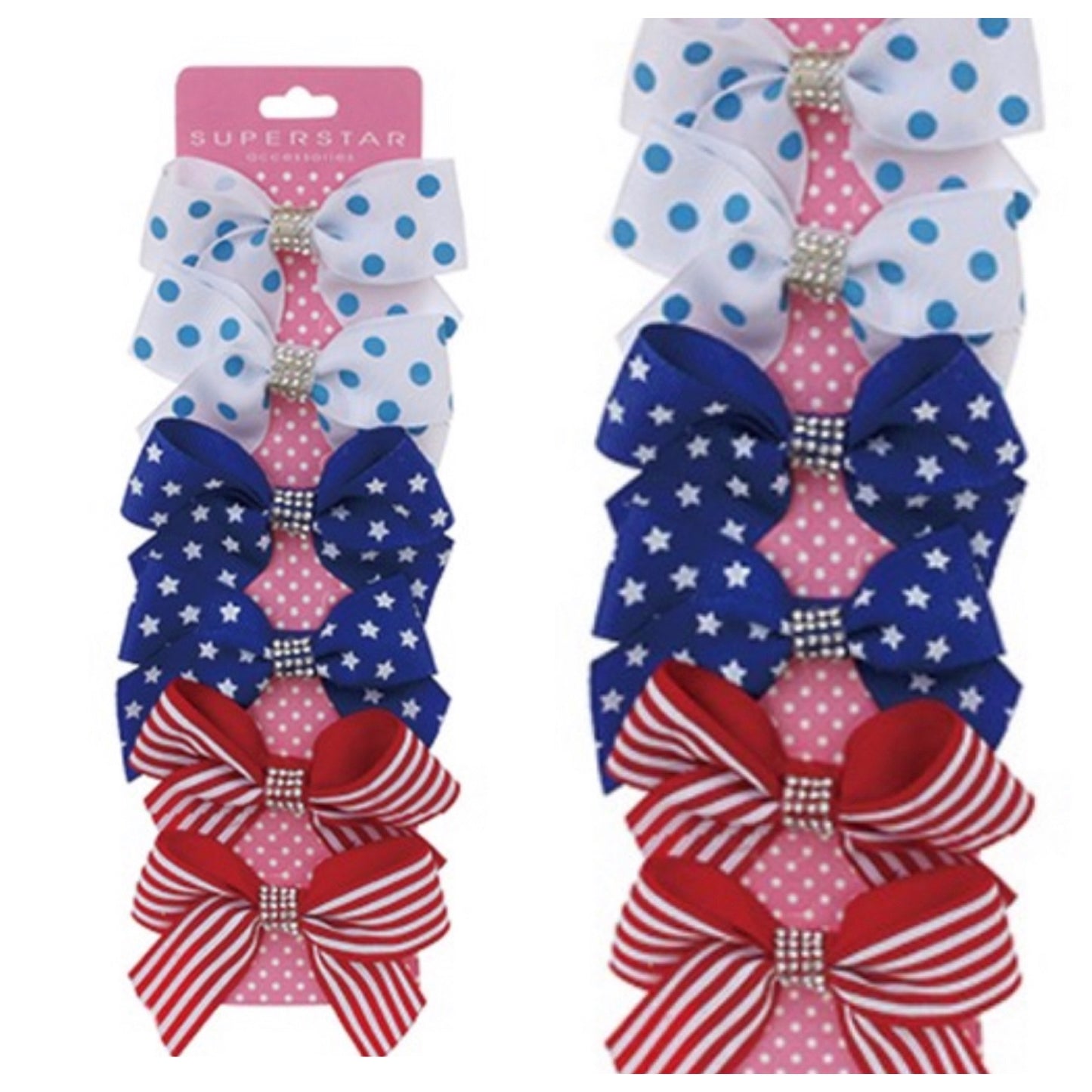 Set of 6-American Flag Theme Little Girl Rhinestone Hair Bows