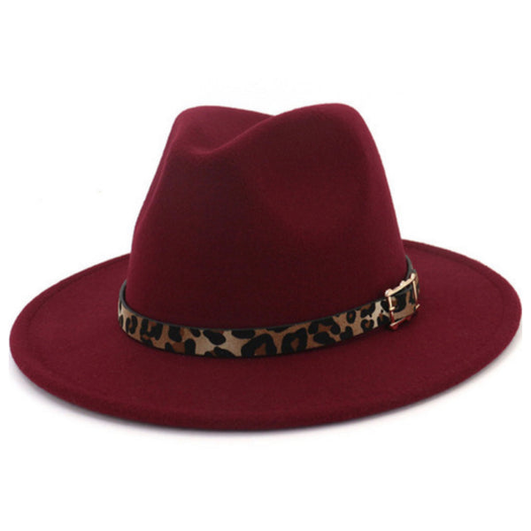 Stunning Wide Brim Leopard Accent Burgundy Fedora