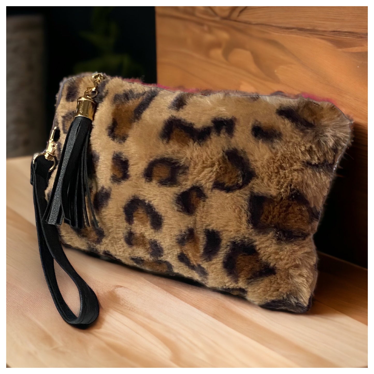 Faux Fur Leopard Pouch Bag with Leather Fringe Wristlet