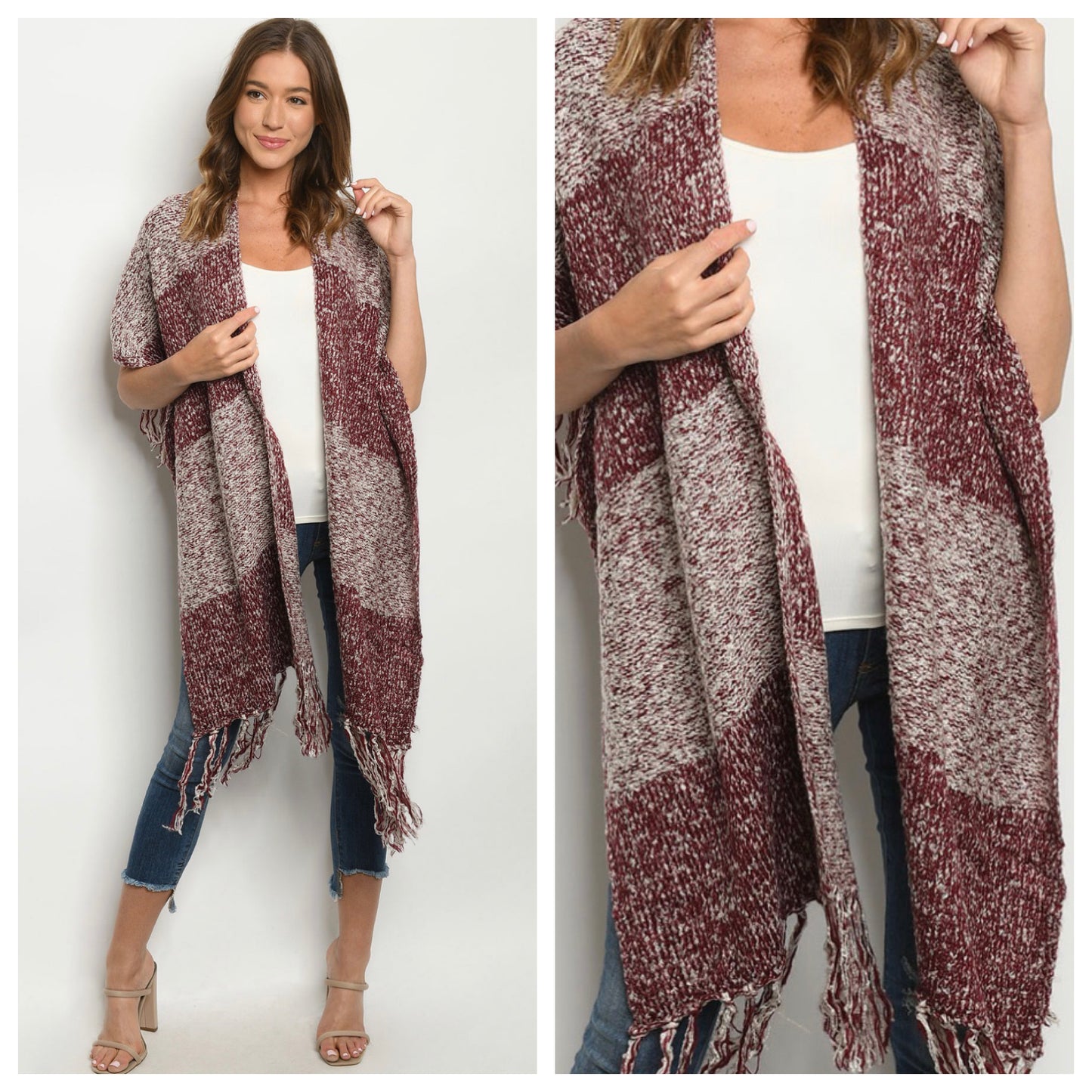 Classy Pepper Knit 2-Tone Burgundy Fringe Trim Poncho-Shawl-Kimono-Womens
