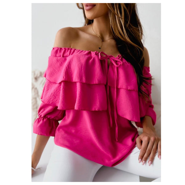Sassy and Classy Off Shoulder Ruffle Tiered Hot Pink Top