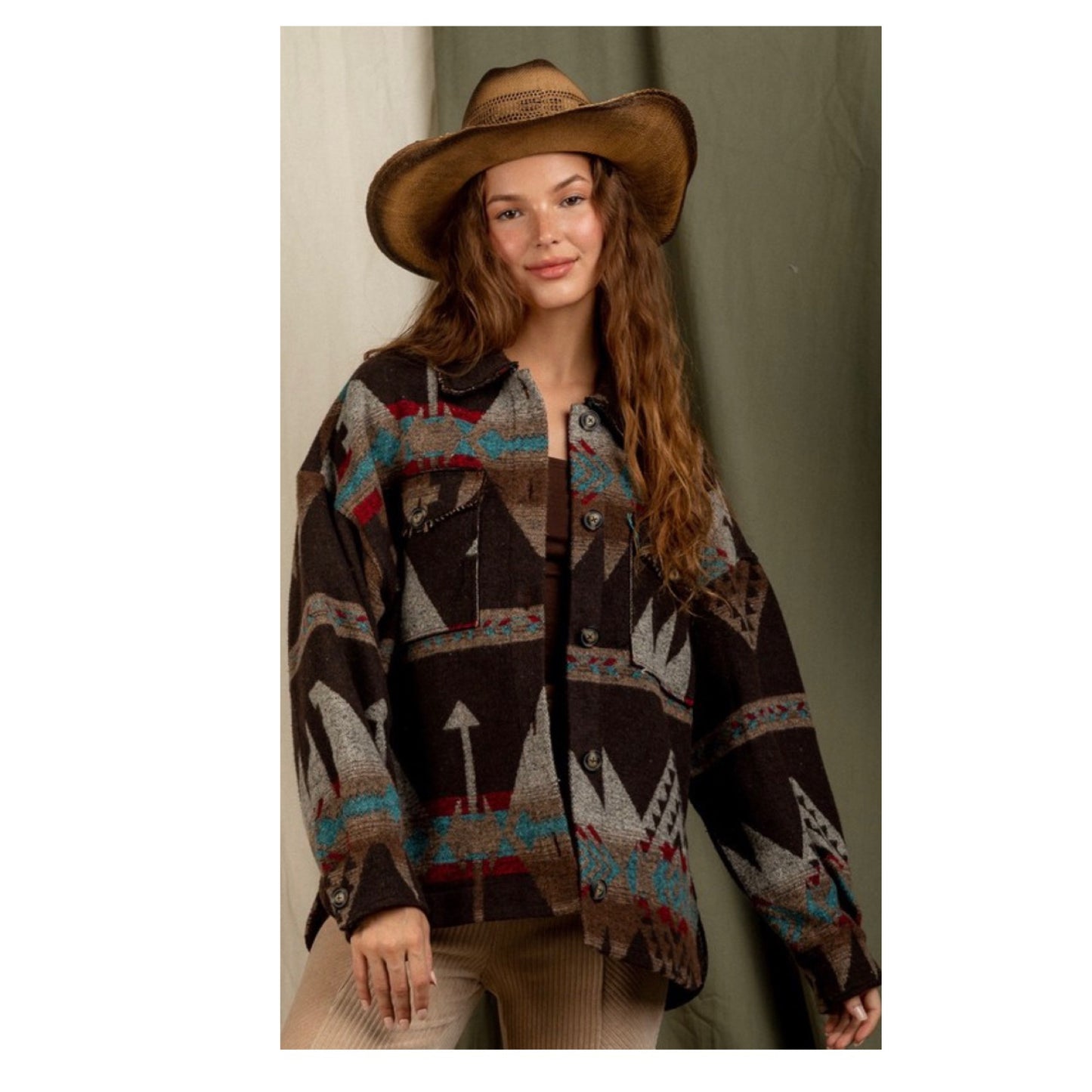 Hello Beautiful! Ashlyn’s Brown Turquoise Mix Aztec Jacket- Women’s Tribal Jacket