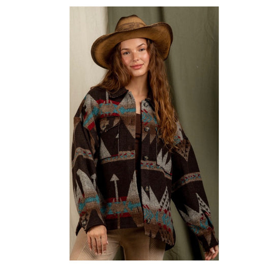 Hello Beautiful! Ashlyn’s Brown Turquoise Mix Aztec Jacket- Women’s Tribal Jacket